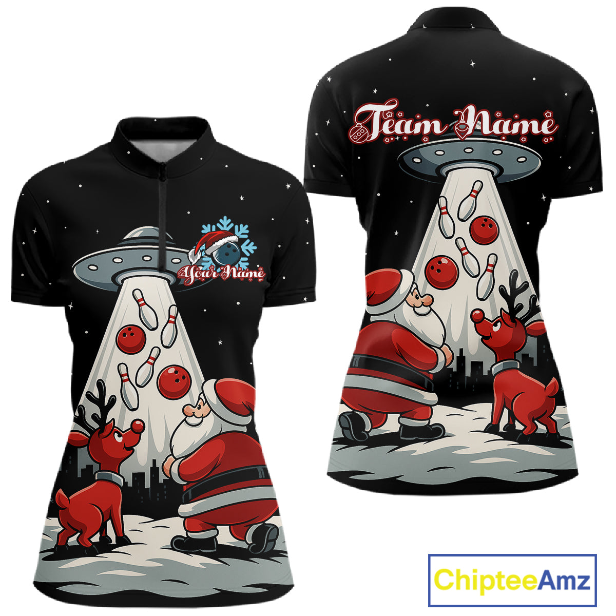 Funny Santa UFO Alien Black Women Bowling Polo, 1/4 Zip Shirts Custom Christmas Team Bowling Jersey NQS10766