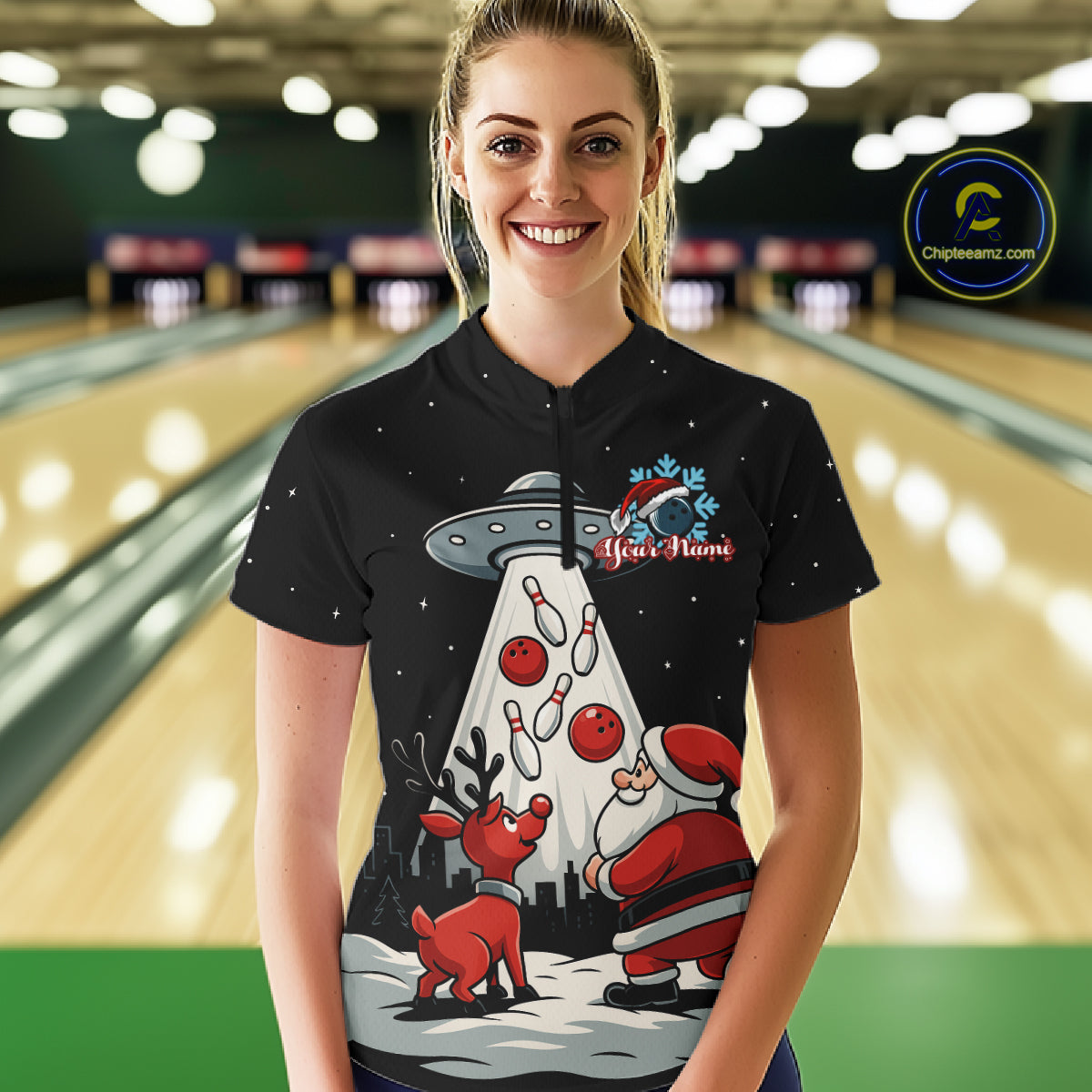 Funny Santa UFO Alien Black Women Bowling Polo, 1/4 Zip Shirts Custom Christmas Team Bowling Jersey NQS10766