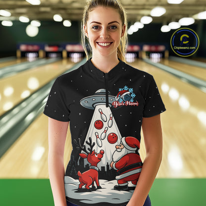 Funny Santa UFO Alien Black Women Bowling Polo, 1/4 Zip Shirts Custom Christmas Team Bowling Jersey NQS10766