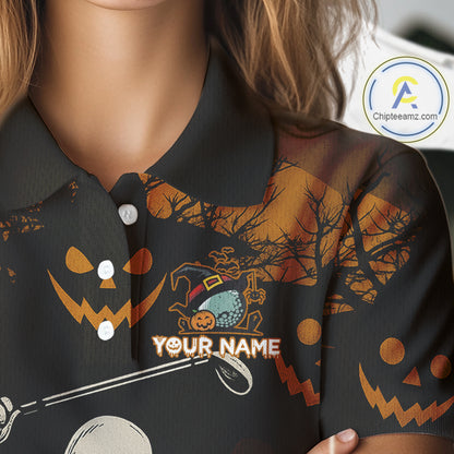 Funny black and orange Ghost Golfer Halloween Golf Polo Shirt For Women Custom golf attire for ladies NQS10767