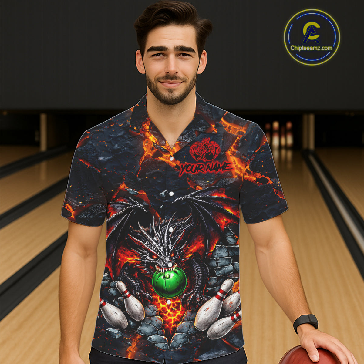 Custom Black & Orange Magma Dragon Bowling Shirts, Dragon Bowling Team Hawaiian shirt NQS11559