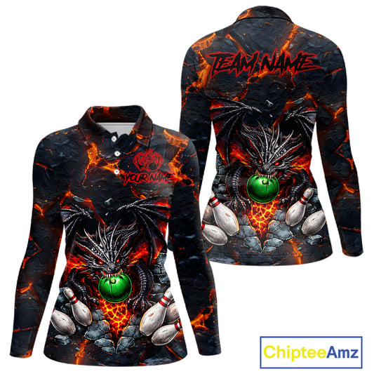 Custom Black & Orange Magma Dragon Bowling Shirts, Dragon Bowling Team Polo, 1/4 zip Jersey For Women NQS11559