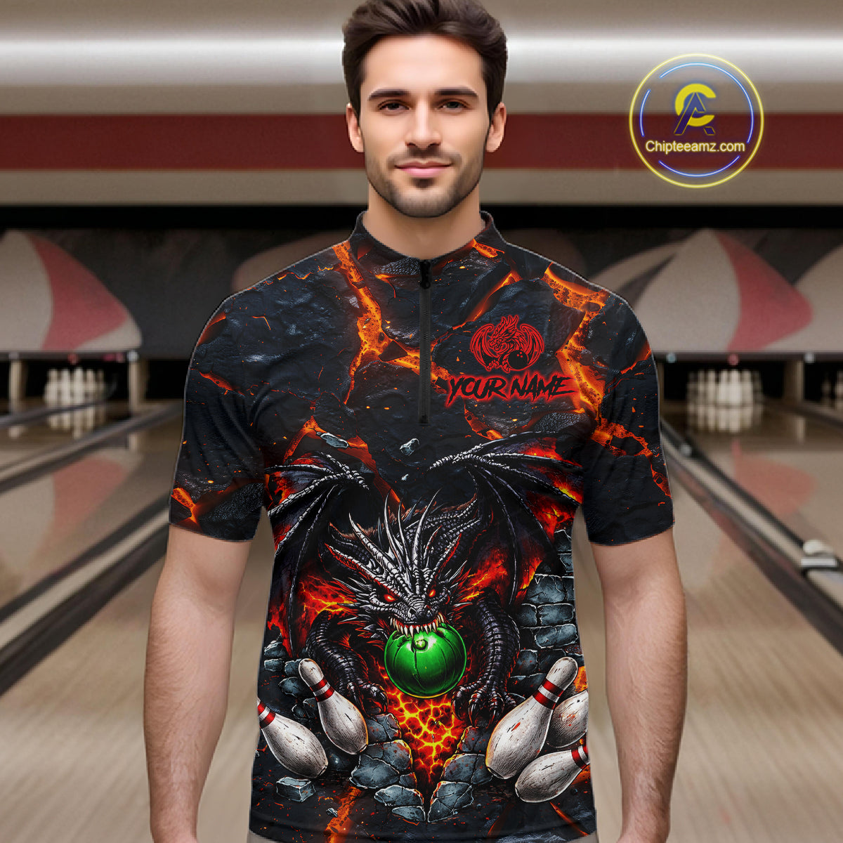 Custom Black And Orange Magma Dragon Bowling Shirts, Dragon Bowling Team Polo, 1/4 zip Jersey For Men NQS11559
