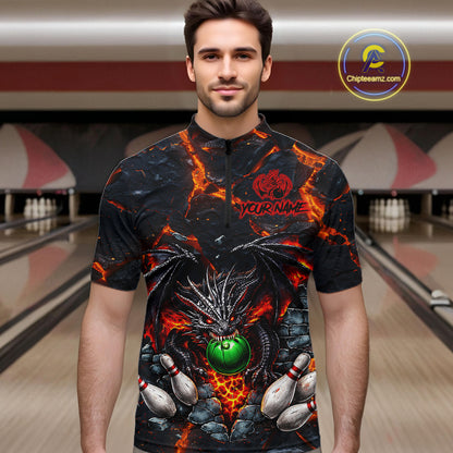Custom Black And Orange Magma Dragon Bowling Shirts, Dragon Bowling Team Polo, 1/4 zip Jersey For Men NQS11559