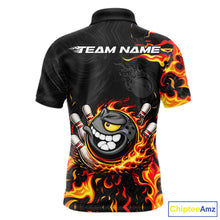 Load image into Gallery viewer, Funny Angry Bowling Polo, 1/4 Zip Shirt for Men Custom Black and Orange Flame Bowling Team jerseys NQS11683