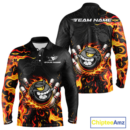 Funny Angry Bowling Polo, 1/4 Zip Shirt for Men Custom Black and Orange Flame Bowling Team jerseys NQS11683