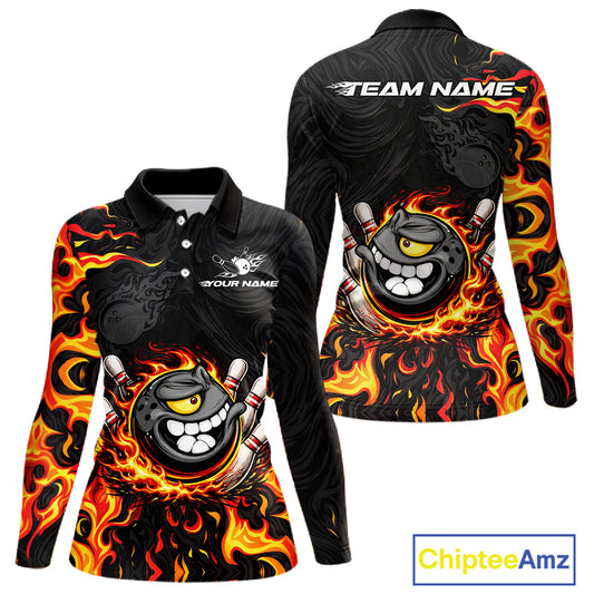 Funny Angry Bowling Polo, 1/4 Zip Shirt for Women Custom Black and Orange Flame Bowling Team jerseys NQS11683