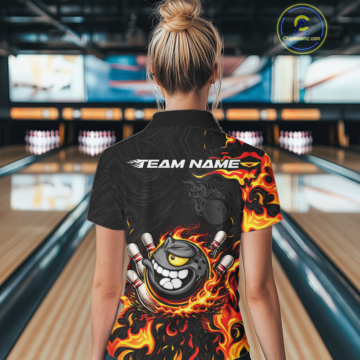 Funny Angry Bowling Polo, 1/4 Zip Shirt for Women Custom Black and Orange Flame Bowling Team jerseys NQS11683