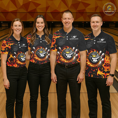 Funny Angry Bowling Polo, 1/4 Zip Shirt for Men Custom Black and Orange Flame Bowling Team jerseys NQS11683