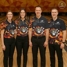 Load image into Gallery viewer, Funny Angry Bowling Polo, 1/4 Zip Shirt for Men Custom Black and Orange Flame Bowling Team jerseys NQS11683