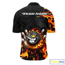 Load image into Gallery viewer, Funny Angry Bowling Polo, 1/4 Zip Shirt for Men Custom Black and Orange Flame Bowling Team jerseys NQS11683