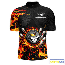 Load image into Gallery viewer, Funny Angry Bowling Polo, 1/4 Zip Shirt for Men Custom Black and Orange Flame Bowling Team jerseys NQS11683
