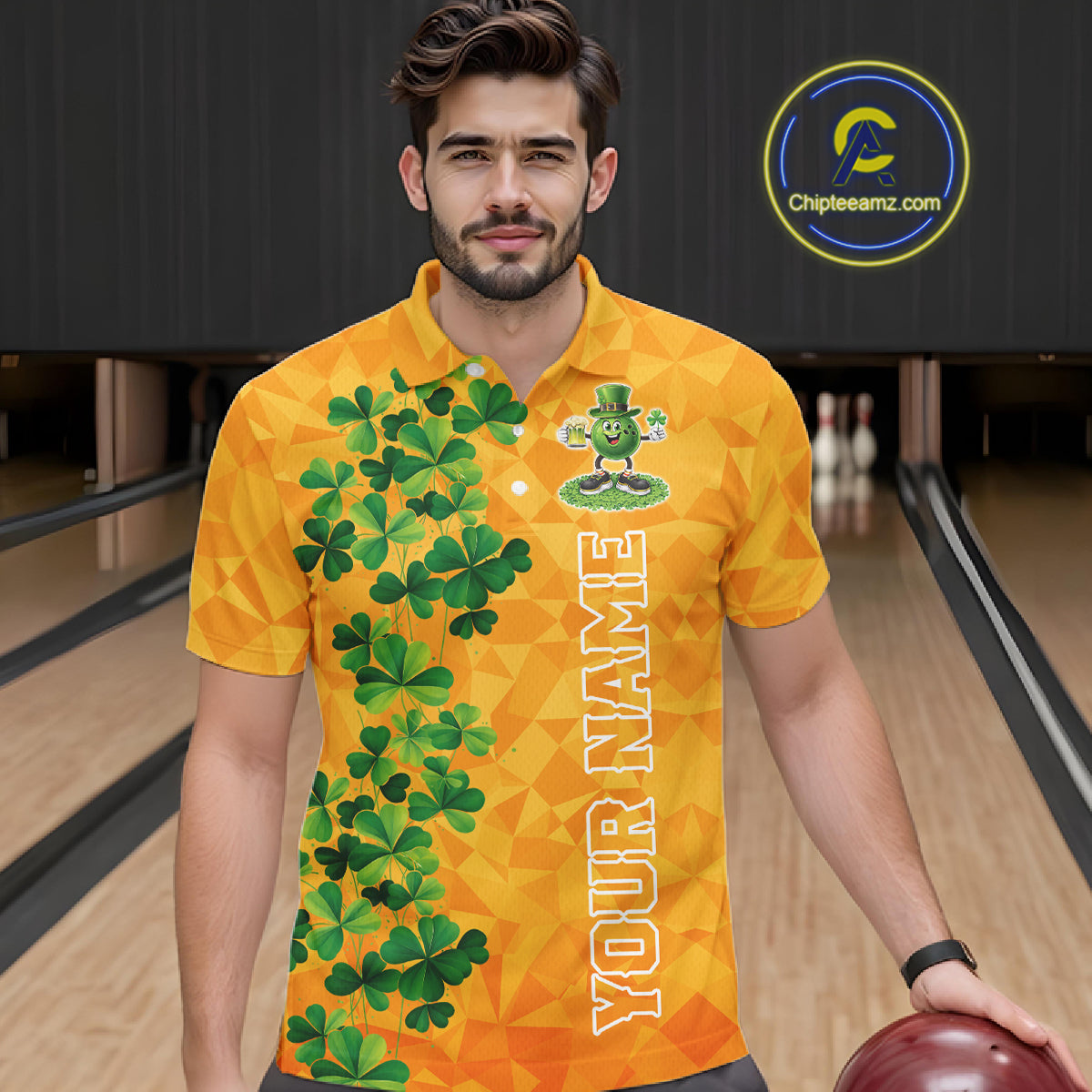 Orange pattern Green clovers St Patrick's Day Bowling Shirts for Men Custom Bowling Team jerseys NQS11696
