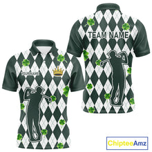 Load image into Gallery viewer, Green argyle pattern lucky shamrock Golf Polo Shirt For Men Custom St. Patrick's mens golf outfit NQS10775