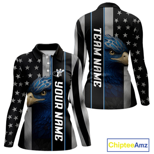 Black American Flag Eagle Bowling Shirts For Women Custom Patriotic Bowling Team Jerseys NQS11152