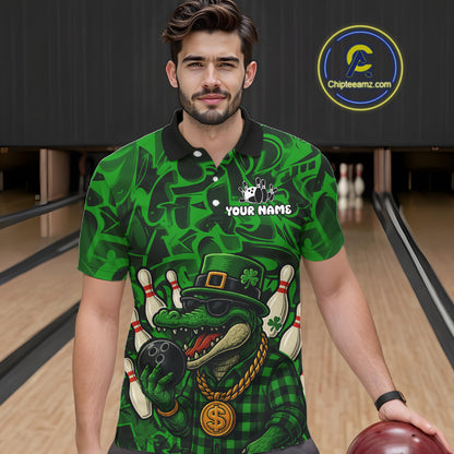 Funny Alligator Bowling Shirts For Men Custom Green graffiti pattern St Patrick Bowling Team Jersey NQS11161