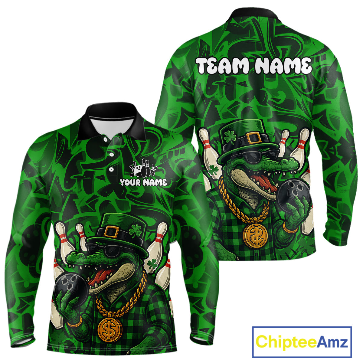 Funny Alligator Bowling Shirts For Men Custom Green graffiti pattern St Patrick Bowling Team Jersey NQS11161