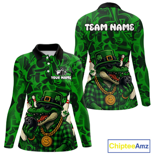 Funny Alligator Bowling Shirts For Women Custom Green graffiti pattern St Patrick Bowling Team Jersey NQS11161