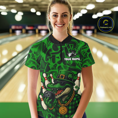 Funny Alligator Bowling Shirts For Women Custom Green graffiti pattern St Patrick Bowling Team Jersey NQS11161