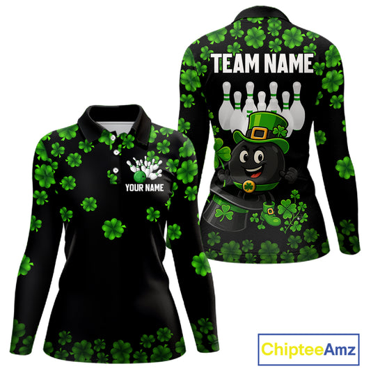 Black and Green Shamrock Funny Bowling Shirts For Women Custom St Patrick's Day Bowling Team Jersey NQS11163