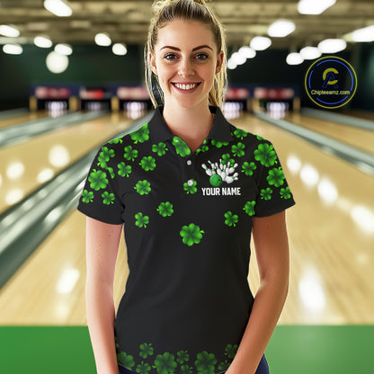Black and Green Shamrock Funny Bowling Shirts For Women Custom St Patrick's Day Bowling Team Jersey NQS11163
