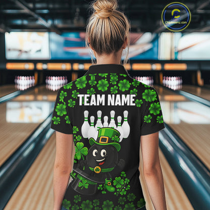 Black and Green Shamrock Funny Bowling Shirts For Women Custom St Patrick's Day Bowling Team Jersey NQS11163