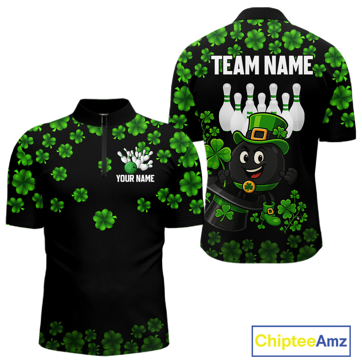 Black and Green Shamrock Funny Bowling Shirts For Men Custom St Patrick's Day Bowling Team Jersey NQS11163