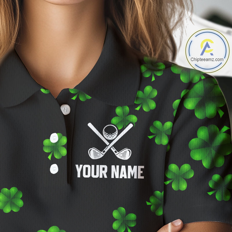 Black and Green Shamrock Funny Golf Polo Shirt For Women Custom St Patrick's Day ladies golf outfit NQS11164