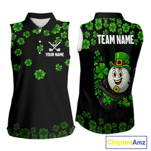 Load image into Gallery viewer, Black and Green Shamrock Funny Sleeveless Golf Polo Shirt Custom St Patrick&#39;s Day ladies golf outfit NQS11164