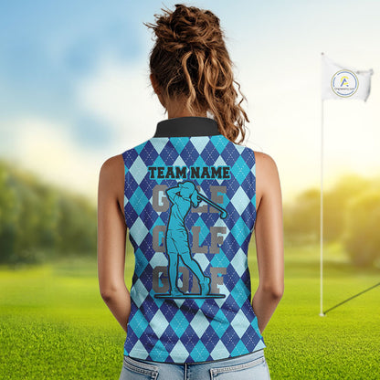 Personalized womens golf shirts sleeveless blue argyle pattern American Flag patriotic golf shirts NQS11368