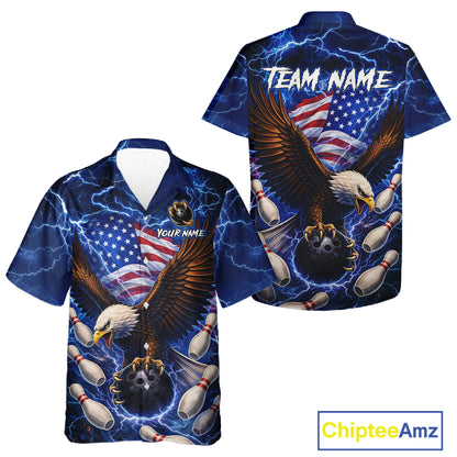 Blue Lightning Thunder US Flag Eagle Bowling Hawaiian Shirt Custom Patriotic Team Bowling Jerseys NQS11580