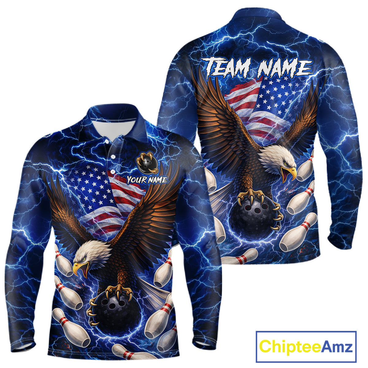 Blue Lightning Thunder US Flag Eagle Bowling Shirts for Men Custom Patriotic Team Bowling Jerseys NQS11580