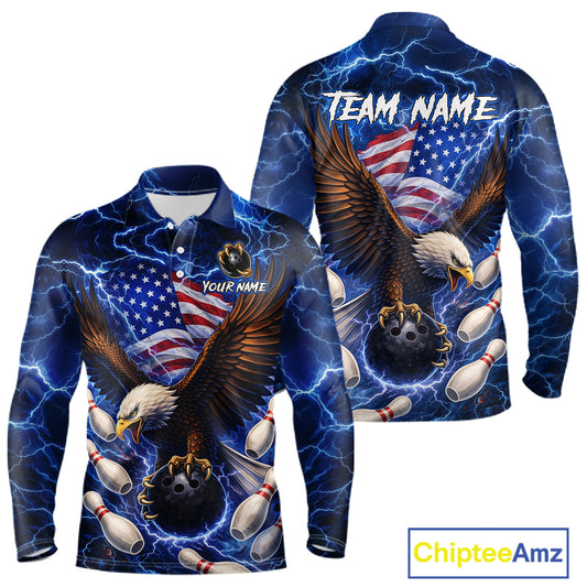 Blue Lightning Thunder US Flag Eagle Bowling Shirts for Men Custom Patriotic Team Bowling Jerseys NQS11580