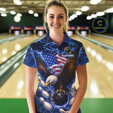 Load image into Gallery viewer, Blue Lightning Thunder US Flag Eagle Bowling Shirts for Women Custom Patriotic Team Bowling Jerseys NQS11580
