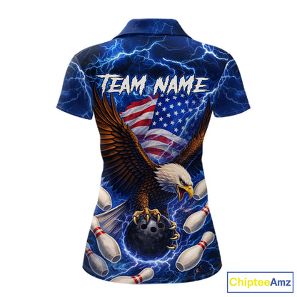 Blue Lightning Thunder US Flag Eagle Bowling Shirts for Women Custom Patriotic Team Bowling Jerseys NQS11580
