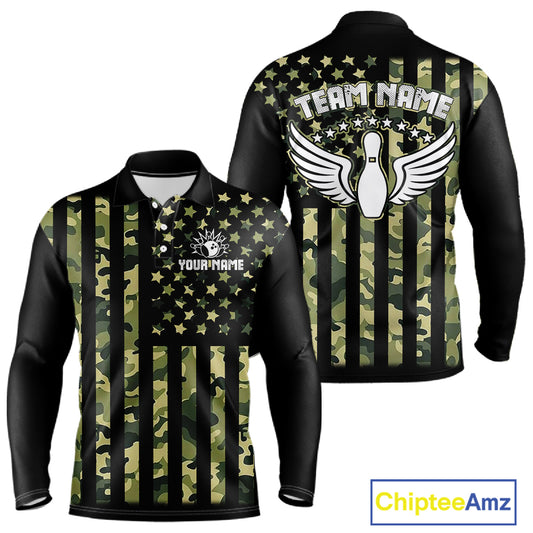 Black and Green Camo American Flag Bowling Shirts For Men Custom patriotic Bowling Team Jerseys NQS11177