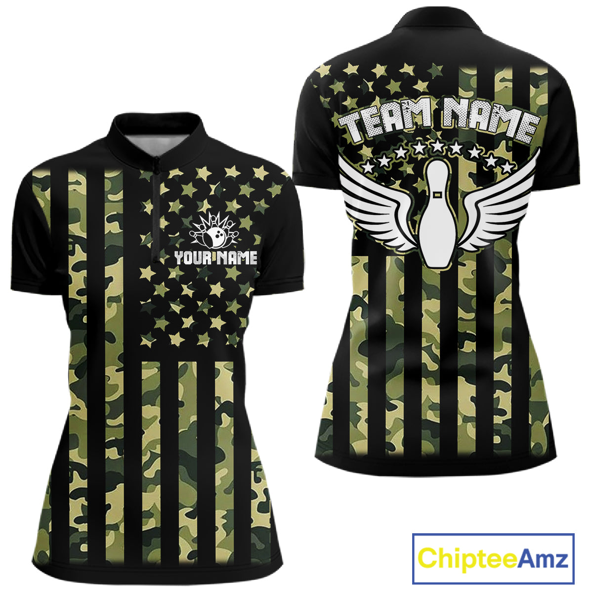 Black and Green Camo American Flag Bowling Shirts For Women Custom patriotic Bowling Team Jerseys NQS11177