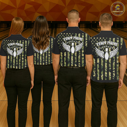 Black and Green Camo American Flag Bowling Shirts For Men Custom patriotic Bowling Team Jerseys NQS11177