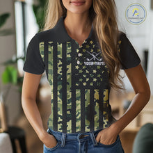 Load image into Gallery viewer, Black and Green Camo American Flag Golf Polo Shirts For Women Custom patriotic ladies&#39;s golf clothing NQS11178