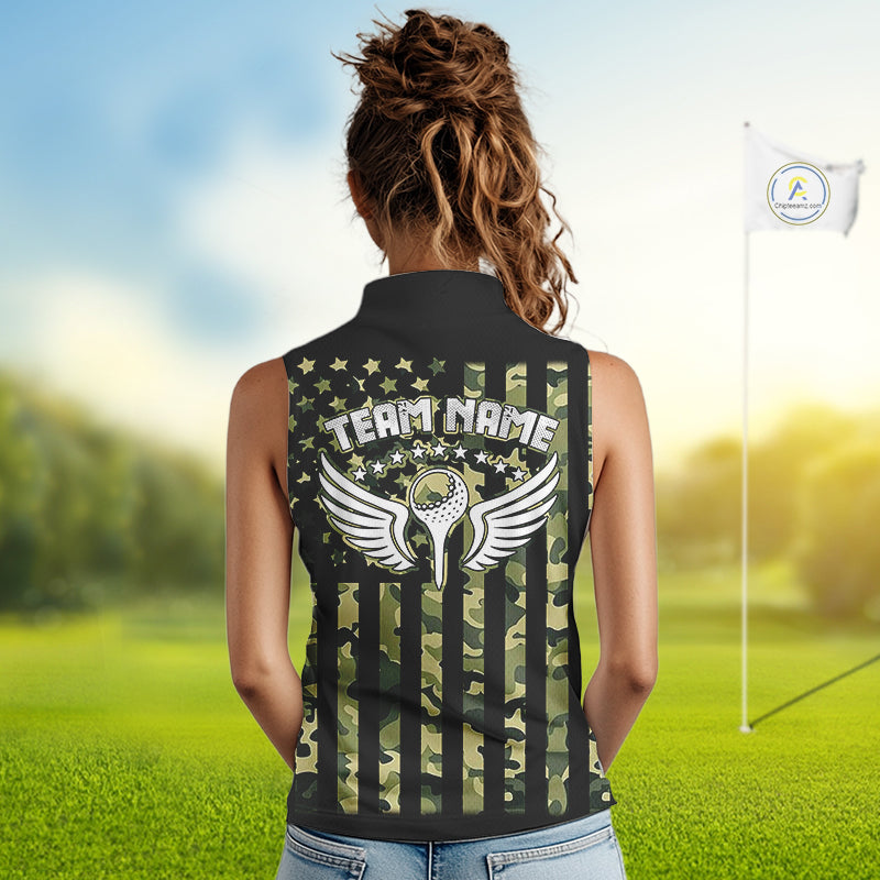 Black and Green Camo American Flag Sleeveless Polo Shirts Custom patriotic ladies's golf clothing NQS11178
