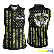 Load image into Gallery viewer, Black and Green Camo American Flag Sleeveless Polo Shirts Custom patriotic ladies&#39;s golf clothing NQS11178