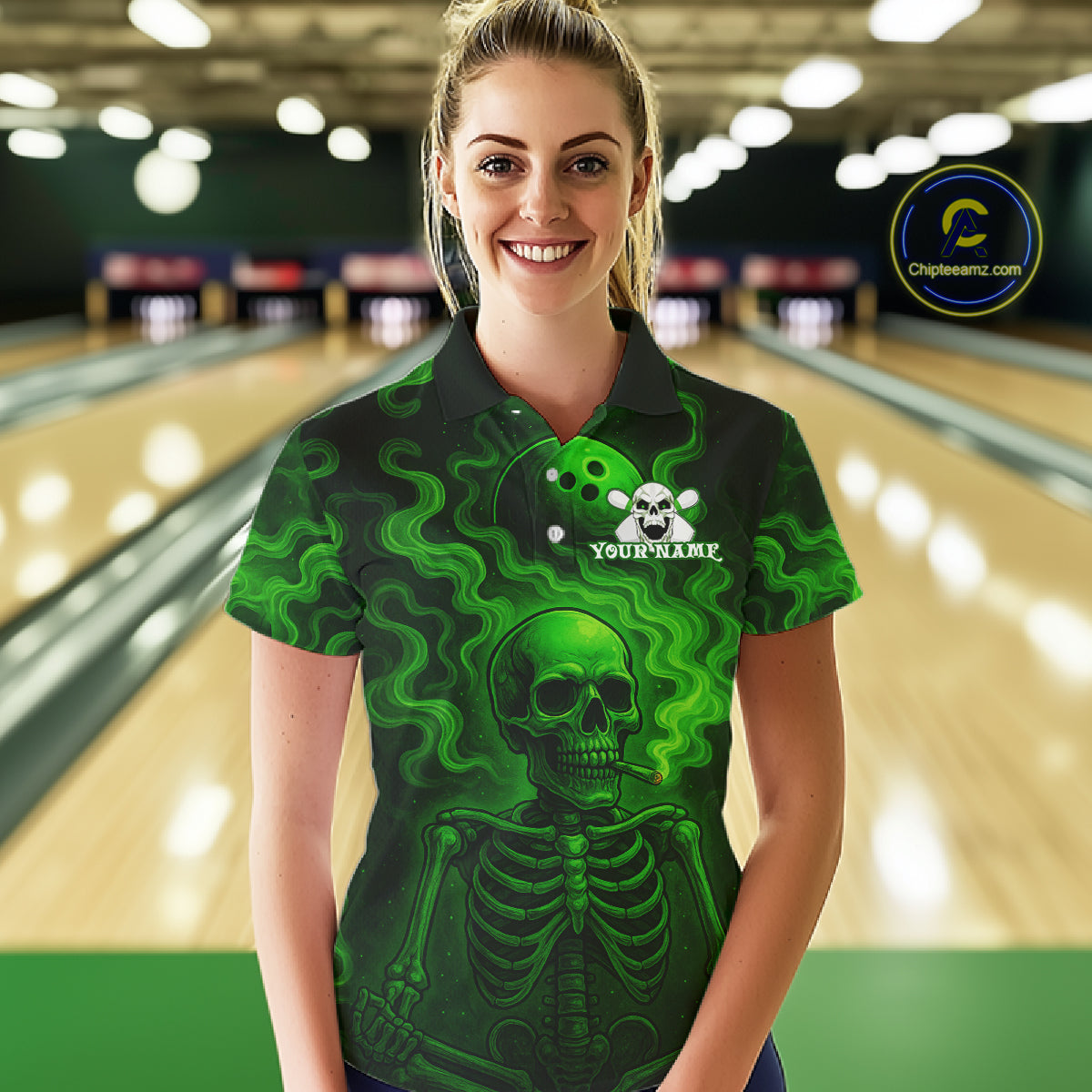 Custom Green Smoke Skull Bowling Polo, Quarter Zip Shirts For Women, Skull Team Bowling Jersey NQS10798