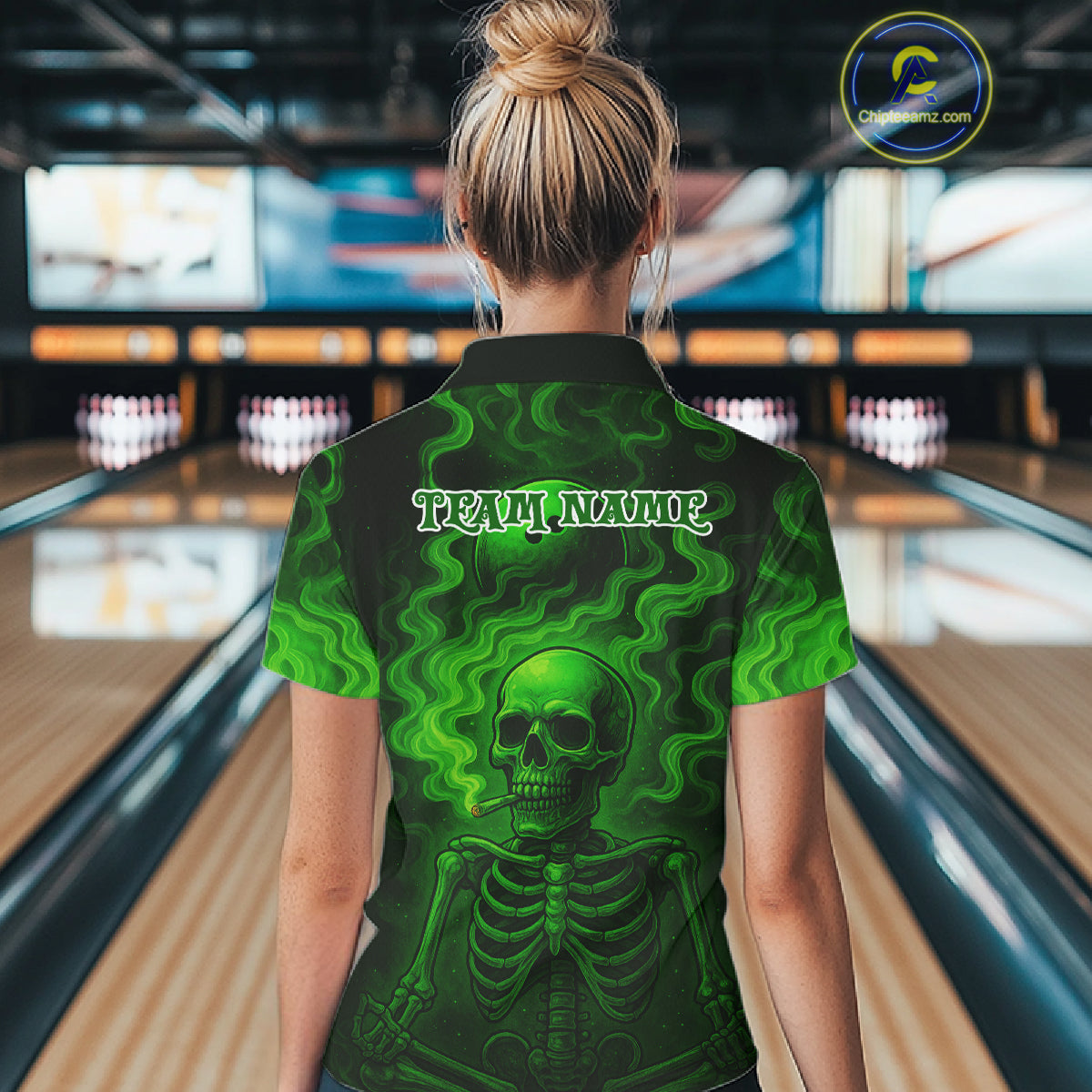 Custom Green Smoke Skull Bowling Polo, Quarter Zip Shirts For Women, Skull Team Bowling Jersey NQS10798