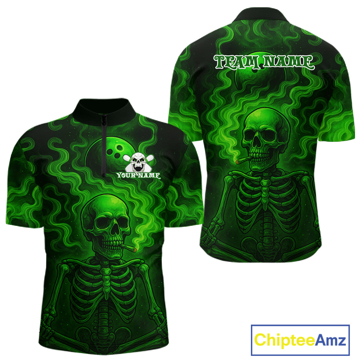 Custom Green Smoke Skull Bowling Polo, Quarter Zip Shirts For Men, Skull Team Bowling Jersey NQS10798