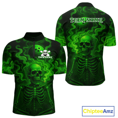 Custom Green Smoke Skull Bowling Polo, Quarter Zip Shirts For Men, Skull Team Bowling Jersey NQS10798