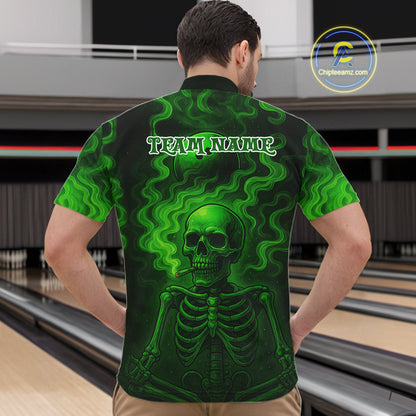 Custom Green Smoke Skull Bowling Polo, Quarter Zip Shirts For Men, Skull Team Bowling Jersey NQS10798