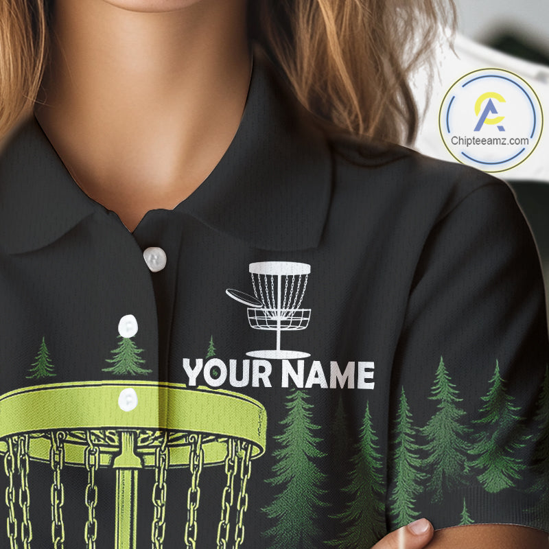 Black and Green Forest Disc Golf basket Women Disc golf polo shirts Custom team disc golf attire NQS10801