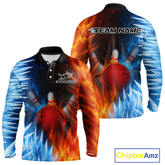 Fire and Ice Pattern Bowling Polo, Quarter Zip Shirts For Men Custom Flame Team Bowling Jerseys NQS11184