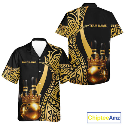 Black and Gold crown Bowling ball pins Hawaiian Shirts Custom Bowling Team jerseys NQS11592