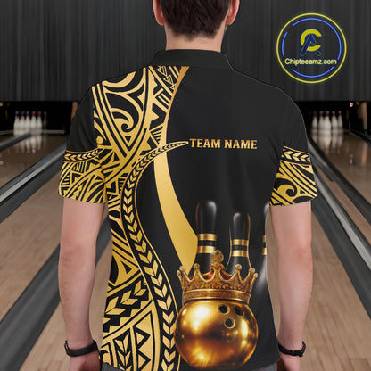 Black and Gold crown Bowling ball pins Polo, Quarter Zip Shirts for Men Custom Bowling Team jerseys NQS11592